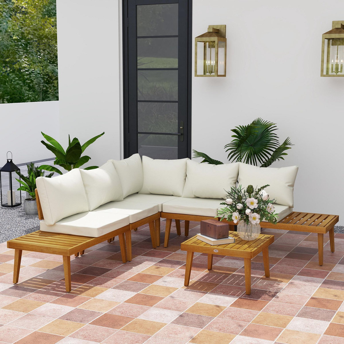 OUTSUNNY Salon de jardin d'angle 5 places en bois d'acacia avec table basse et tablettes latérales coussins crème