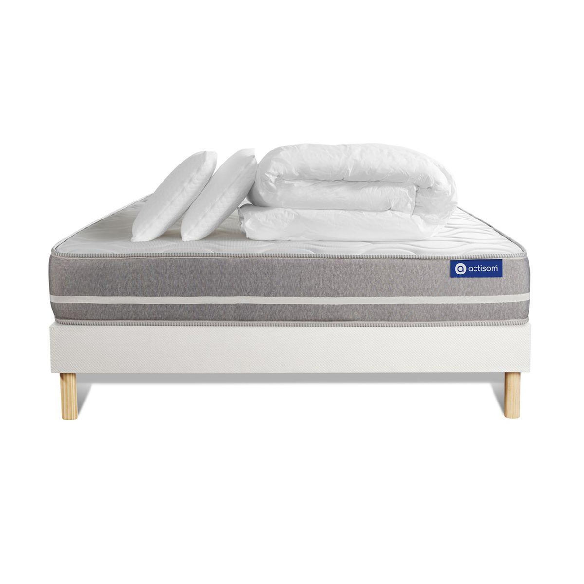 ACTISOM Pack prêt à dormir matelas Ressorts ensachés ACTIFLEX TOUCH 160x200 3zones confort + sommier KIT blanc + 2 oreillers +couette