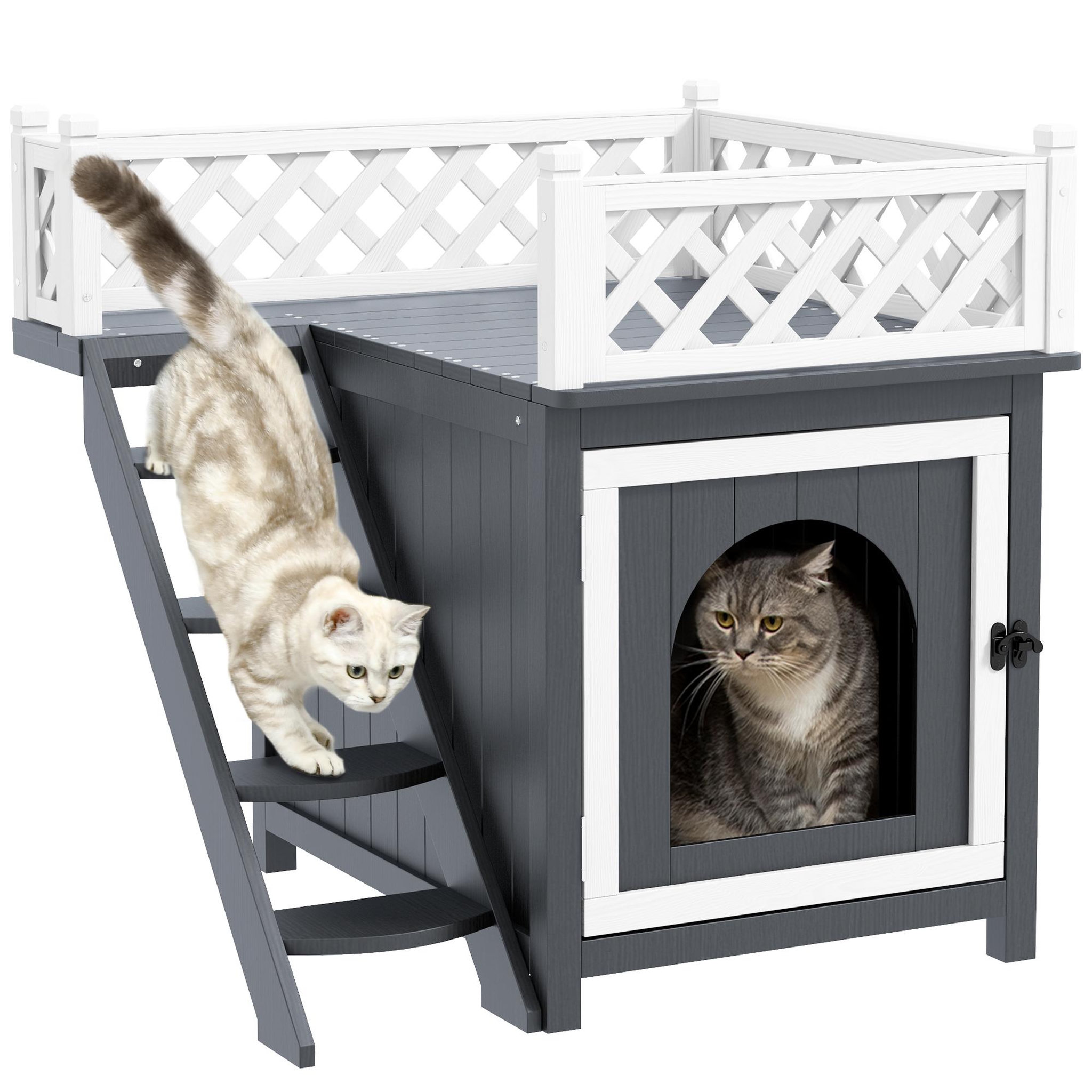 PAWHUT Maison niche chat sur pied - 2 niveaux, porte loquet, terrasse, escalier - bois gris blanc