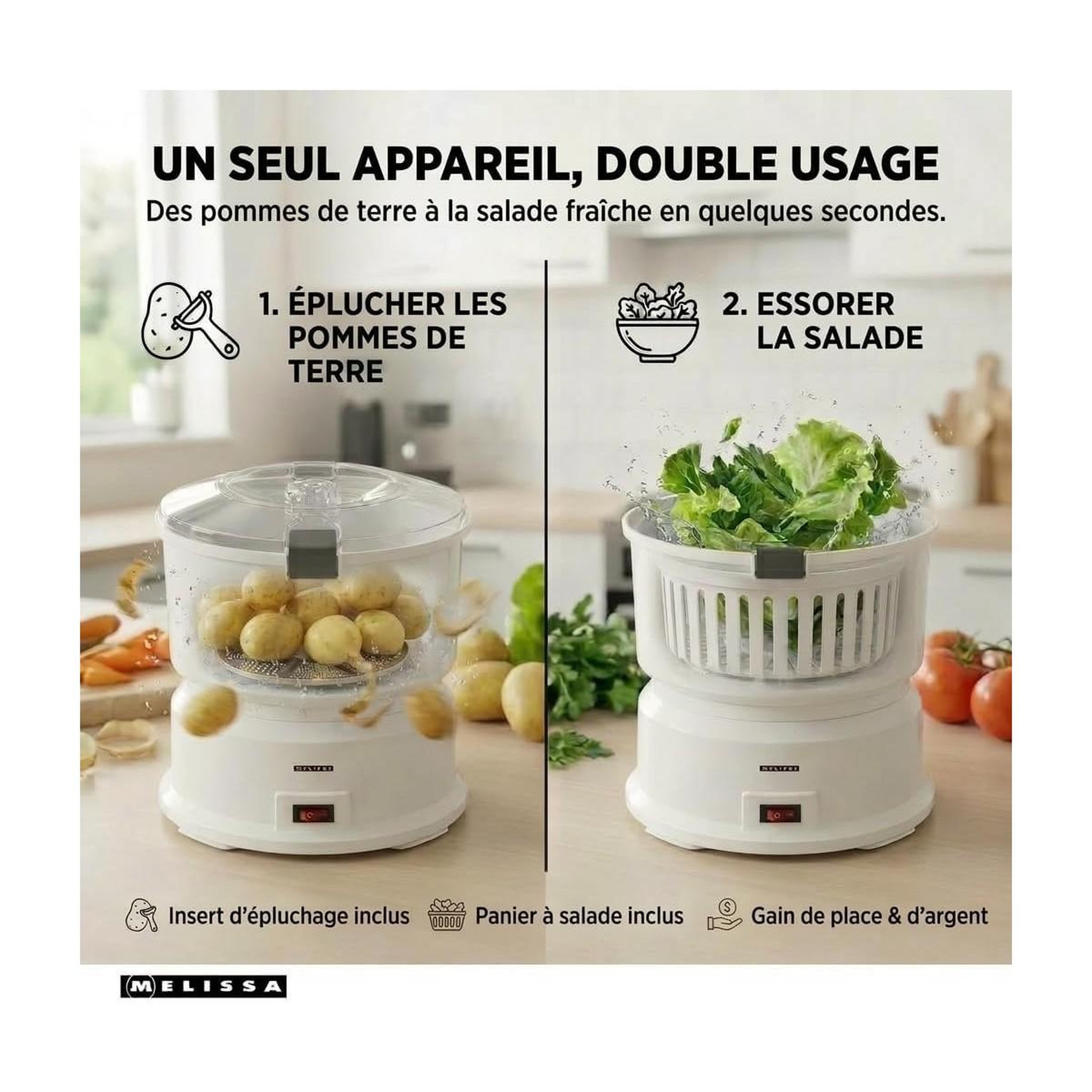 Voir la diapositive 3 : MELISSA Epluche Pommes de Terre Électrique 1 kg 85W avec Essoreuse à Salade - Robot Eplucheur automatique Melissa