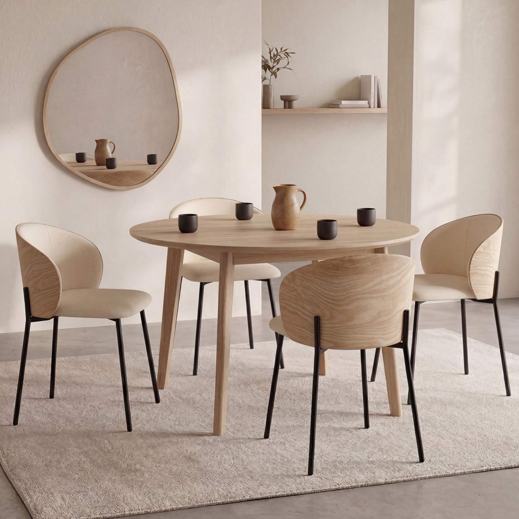 Voir la diapositive 2 : ID MARKET Lot de 4 chaises PENNY en tissu beige et dossier effet bois clair pour salle à manger