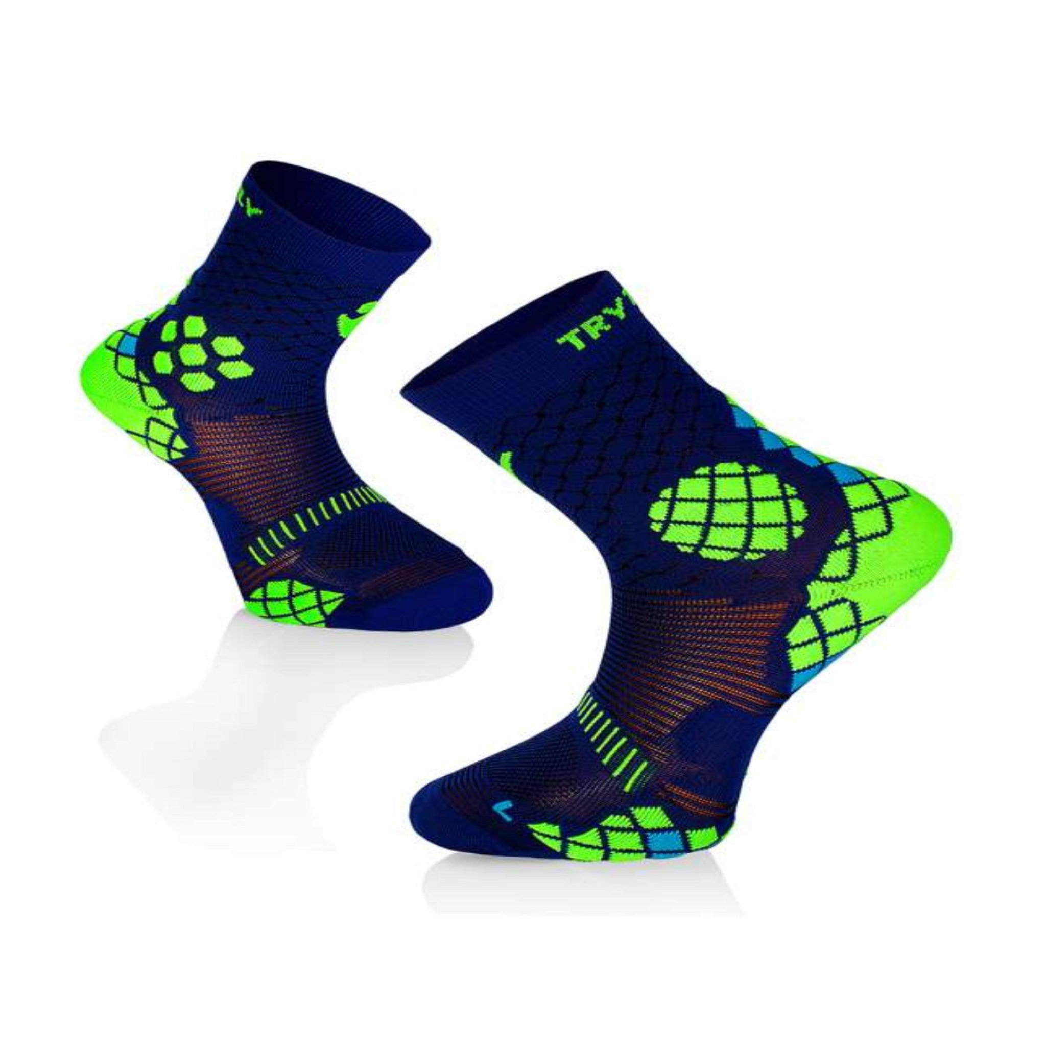 TRY TO FLY Chaussettes compression bleu & jaune. Coloris disponibles : Multicolore