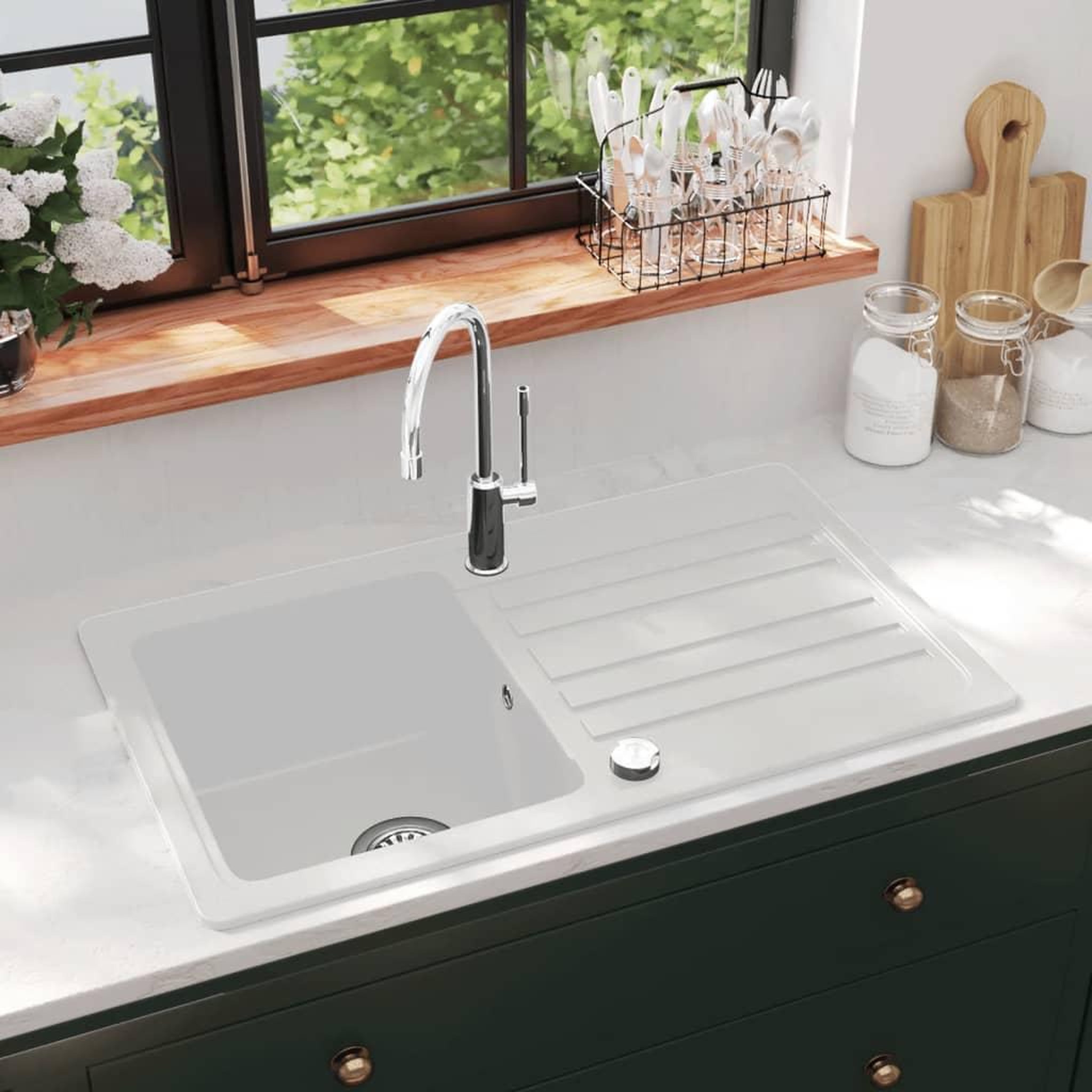 Voir la diapositive 1 : VIDAXL Evier de cuisine reversible a 1 bac en granite creme avec egouttoir
