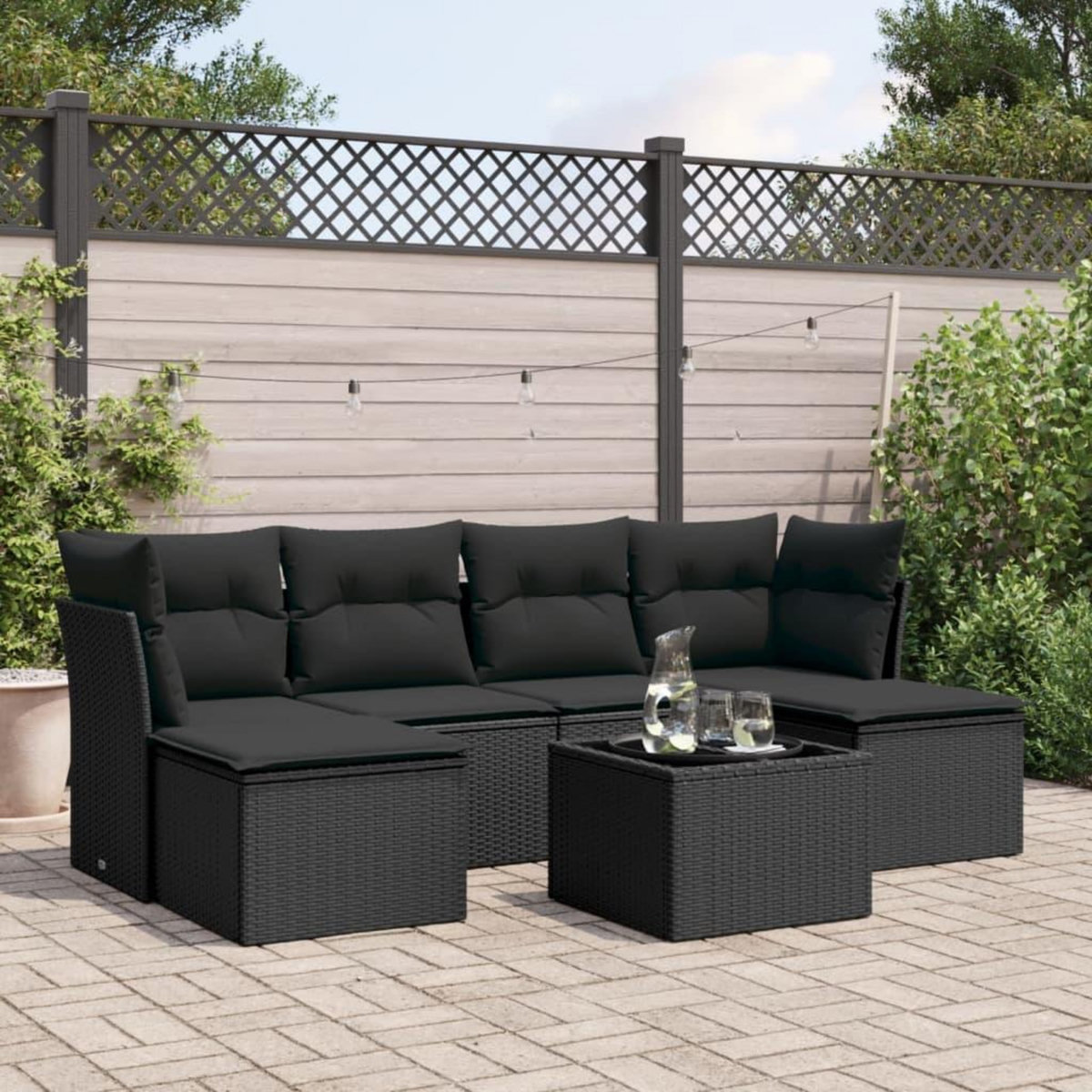 VIDAXL Salon de jardin 7 pcs avec coussins noir resine tressee
