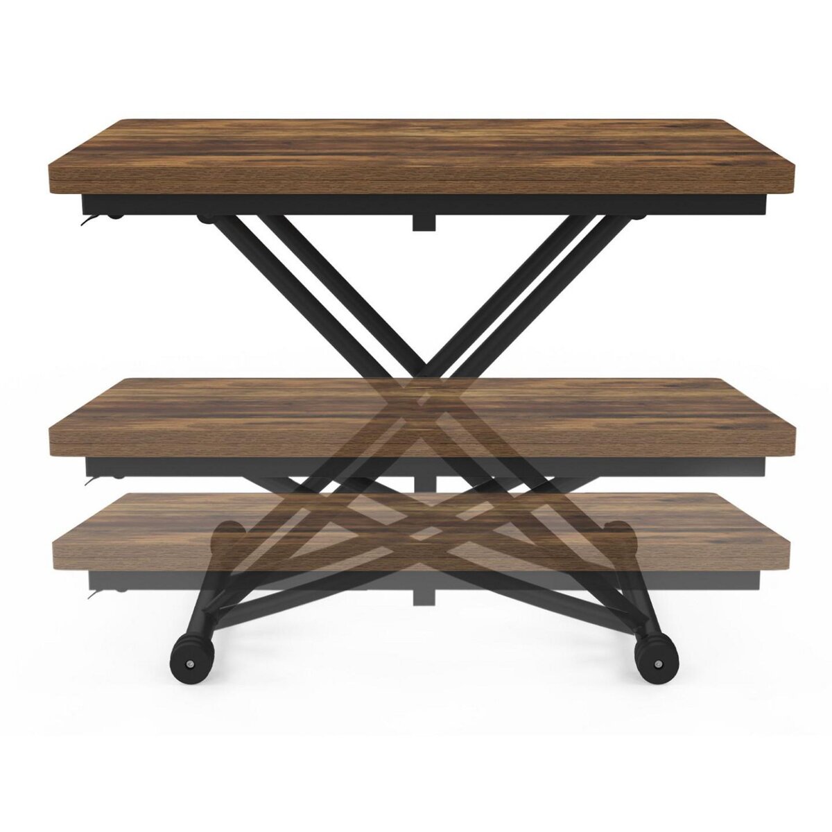 ID MARKET Table basse extensible relevable en table à manger URBANA plateau bois foncé effet vieilli pied noir design industriel