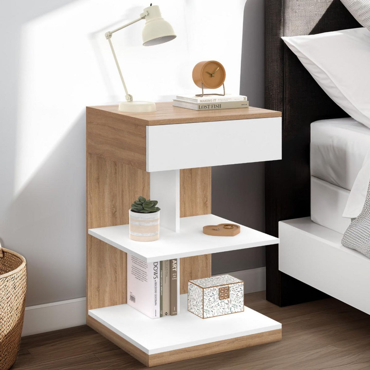 ID MARKET Lot de 2 tables de chevet TOMI 1 tiroir et 2 étagères façon hêtre et blanc