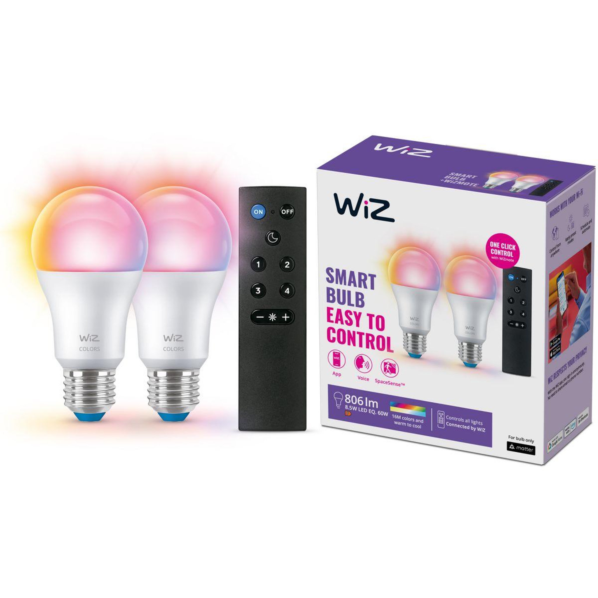 Voir la diapositive 2 : WIZ Ampoule LED connectée Kit E27 60W x2 + télécommande