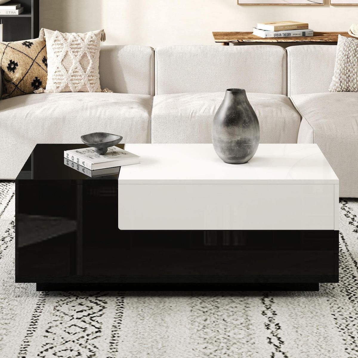 MERAX Table basse rectangulaire noir+blanc avec 2 tiroirs - 50x100 cm panneau de particules