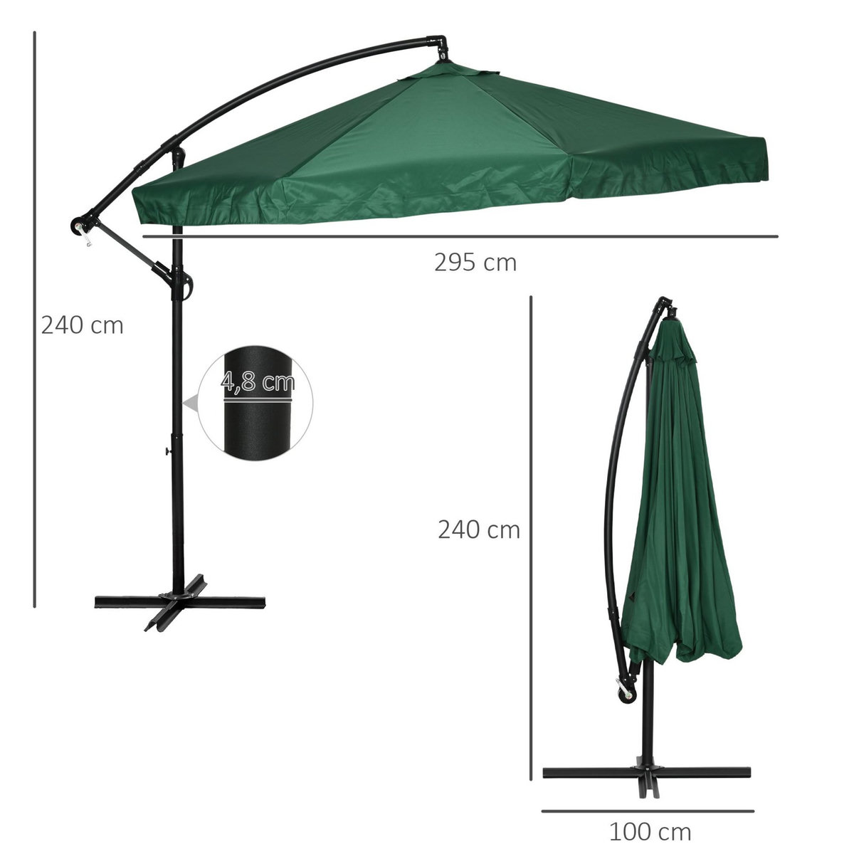 OUTSUNNY Parasol déporté octogonal inclinable pivotant manivelle moustiquaire pied acier Ø 2,95 x 2,42H m vert