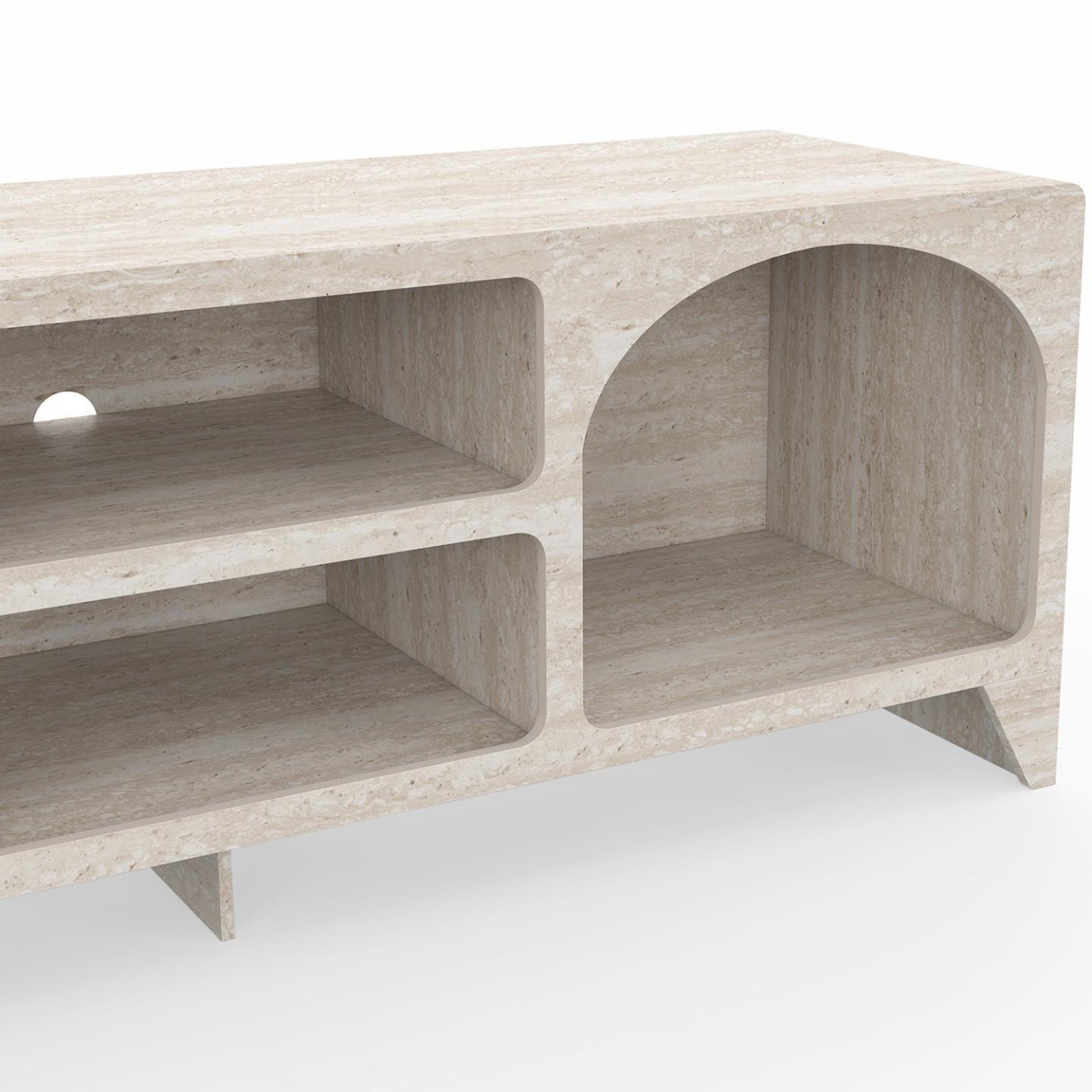 Voir la diapositive 5 : ID MARKET Meuble TV 140 cm organique ALESIA 6 niches bois effet travertin