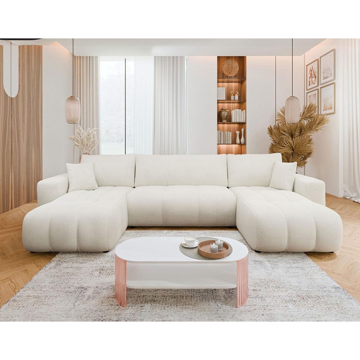 BEST MOBILIER Nicole - canapé panoramique en u 7 places convertible avec coffre en tissu