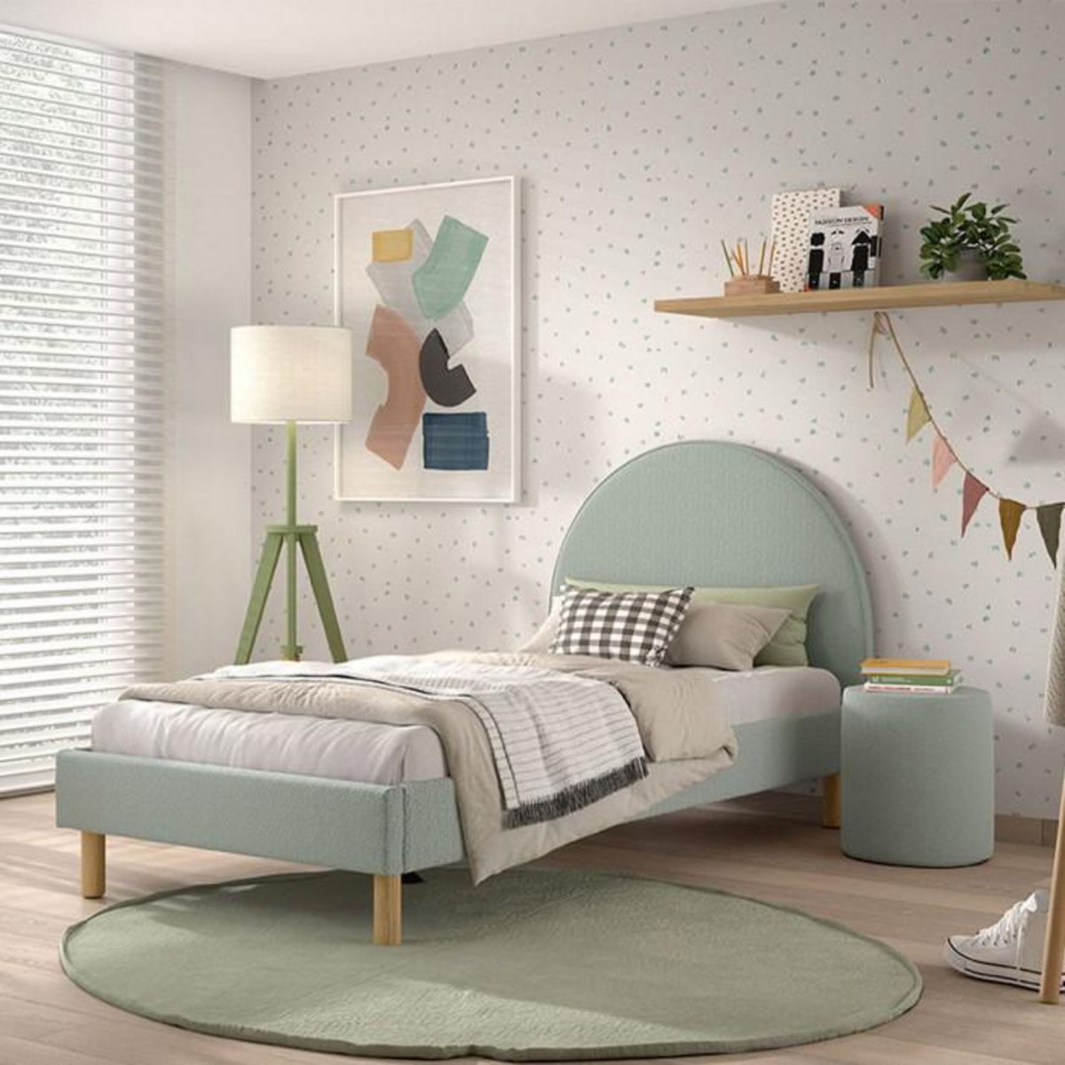 Paris Prix Pack - Lit Enfant & Pouf Bouclé  Moon  90x200cm Vert