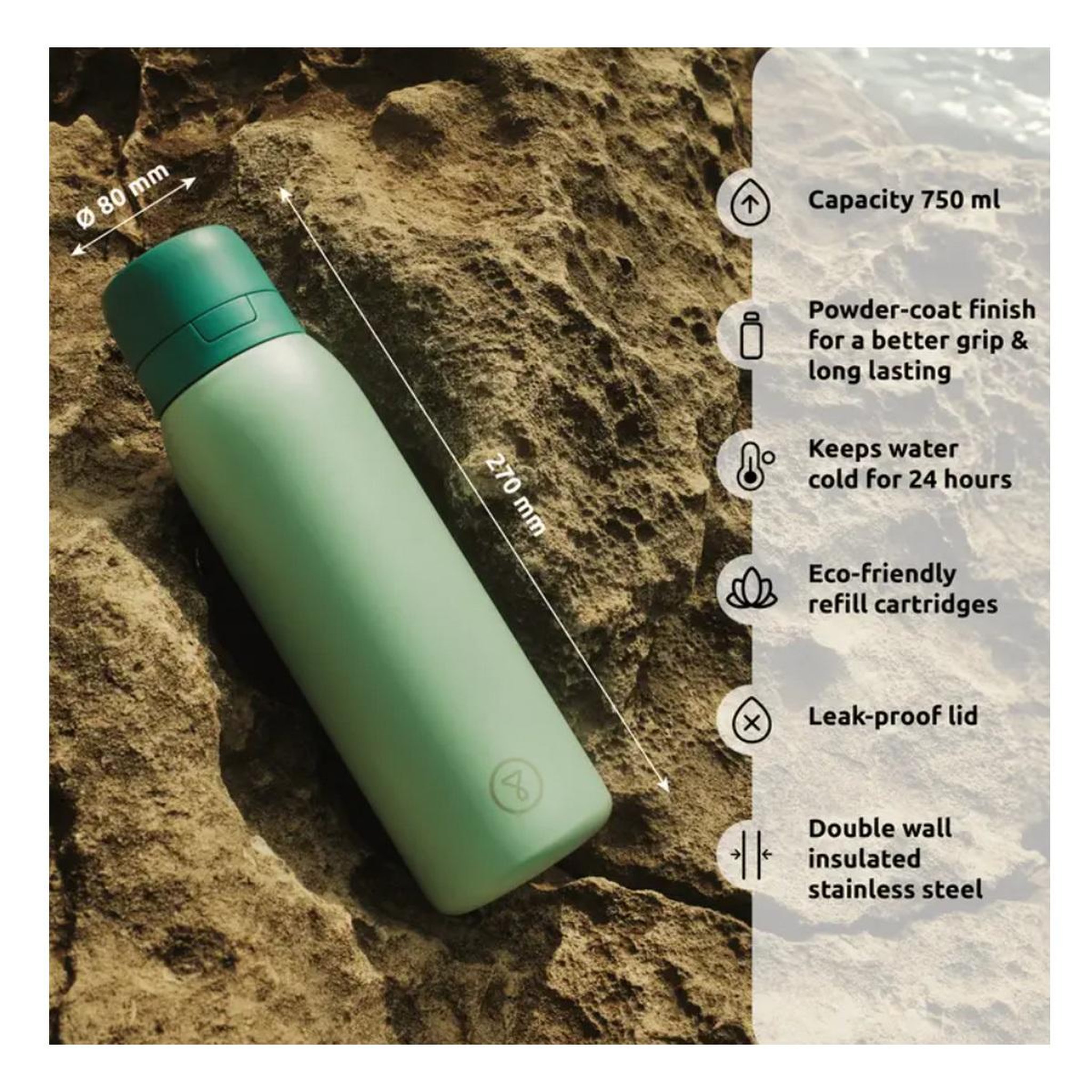 Voir la diapositive 5 : TAPPWATER Bouteille isotherme filtrante 0.7l vert - BTLPRO-G101