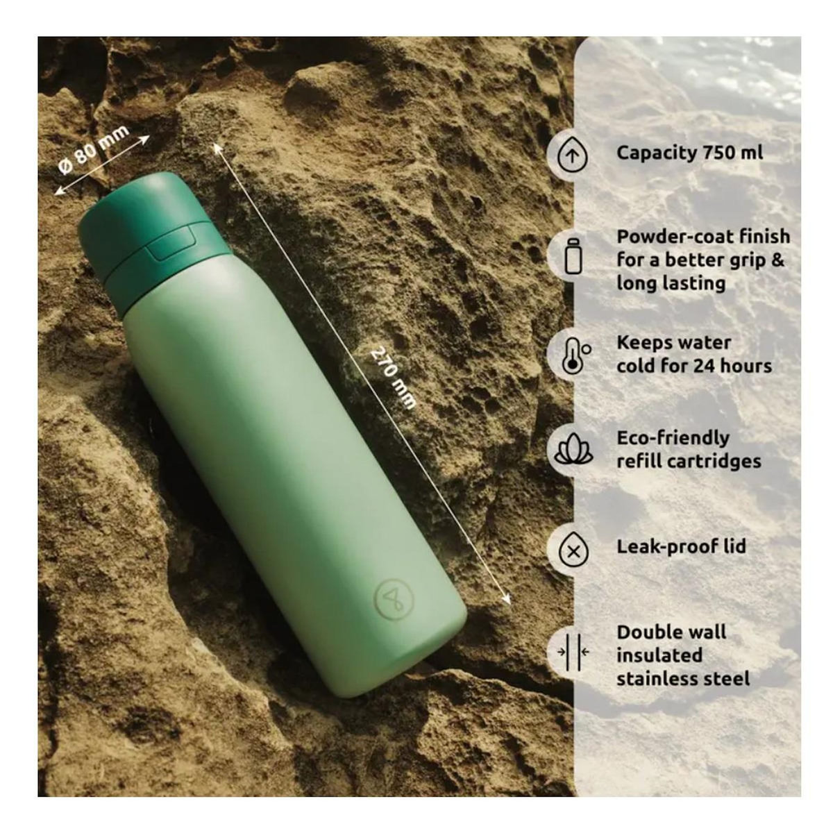 TAPPWATER Bouteille isotherme filtrante 0.7l vert - BTLPRO-G101