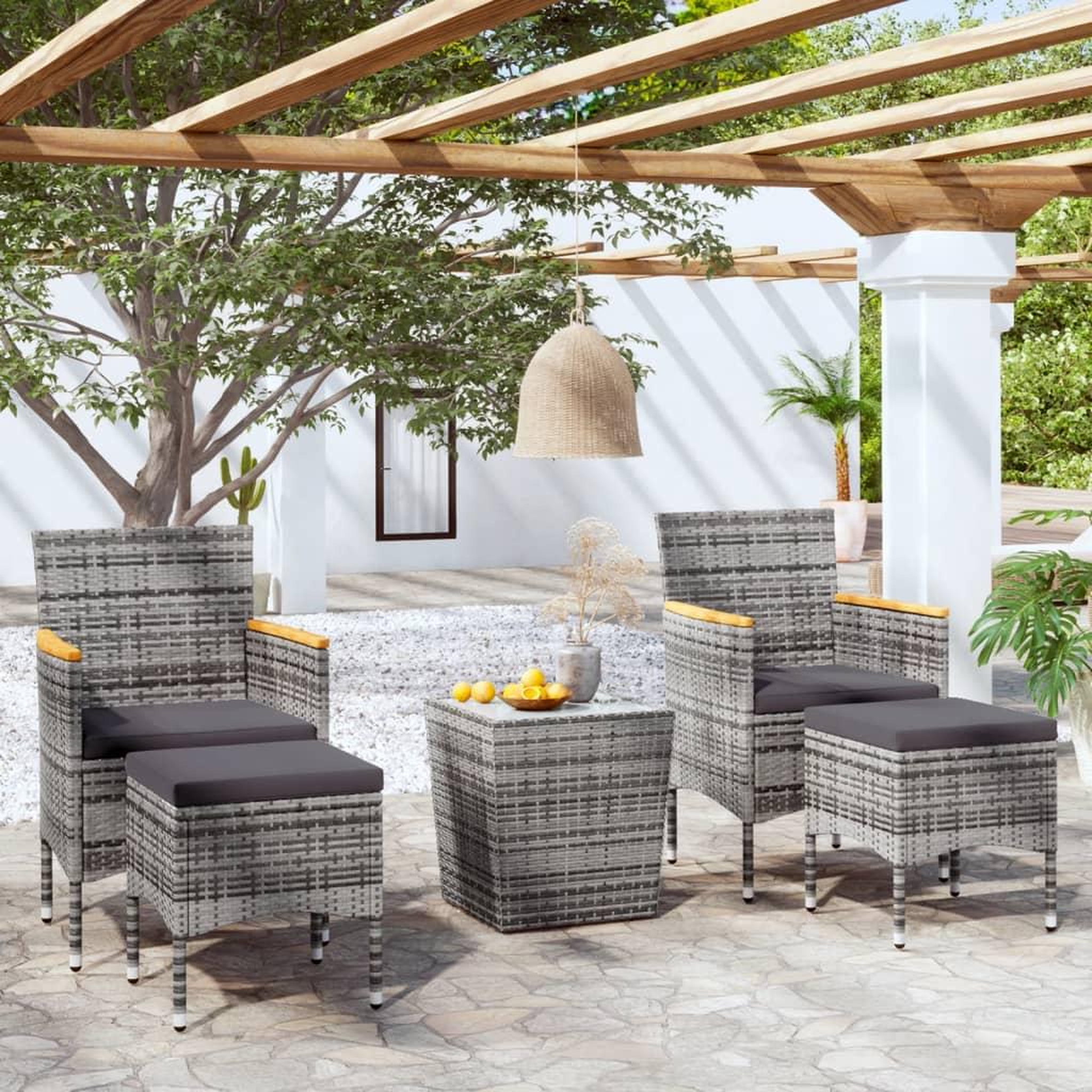 VIDAXL Ensemble de bistro jardin 5pcs Resine tressee verre trempe Gris
