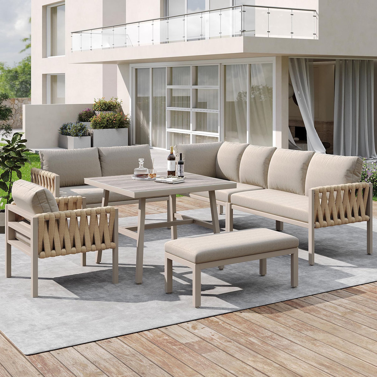 MERAX Salon de jardin 8 places en Métal avec table verre trempé, pieds réglables, coussins, beige