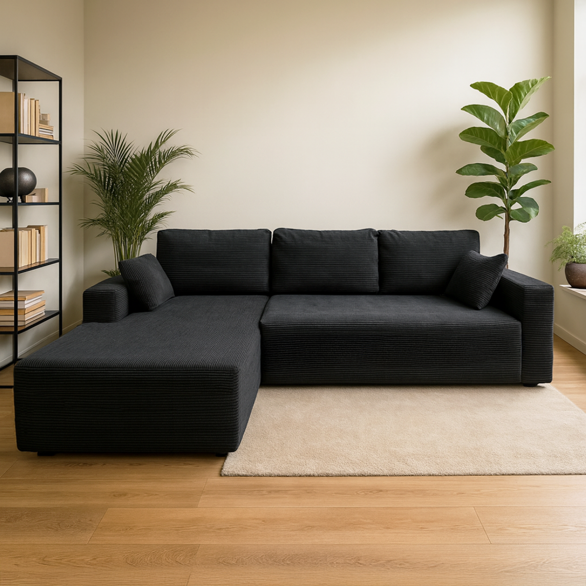 CONCEPT USINE Canapé d'angle 3 places en velours côtelé gris anthracite HOVE