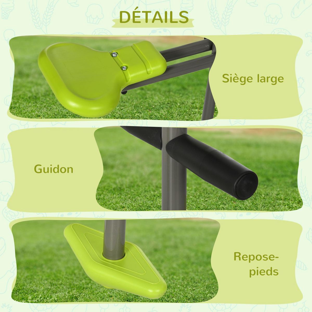 OUTSUNNY Balançoire agrès face à face enfant 3 à 6 ans - selles larges, guidon, repose-pied - gris vert