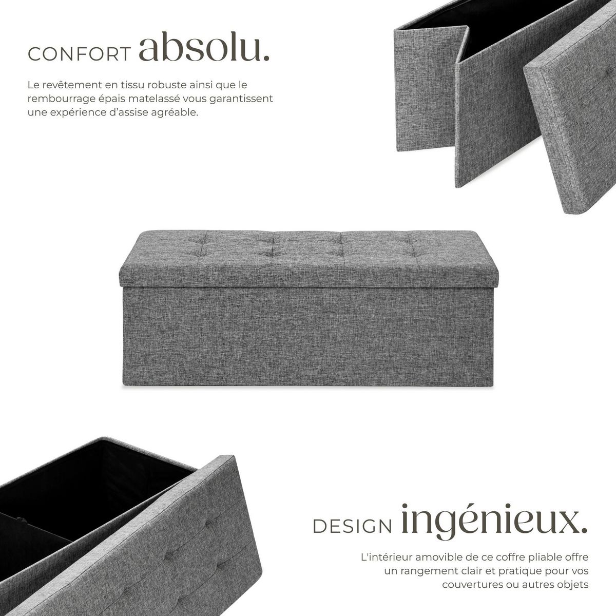 tectake Tabouret avec espace de rangement pliable gris clair