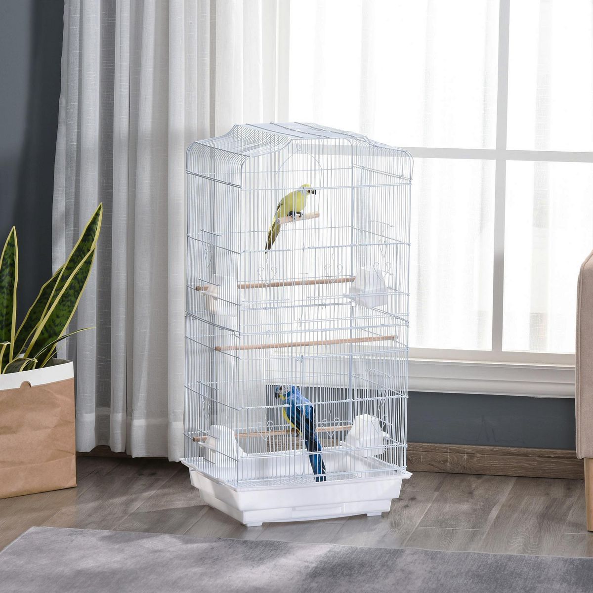 PAWHUT Cage à oiseaux volière avec mangeoires perchoirs plateau amovible 2 portes dim. 46,5L x 35,5l x 92H cm métal blanc