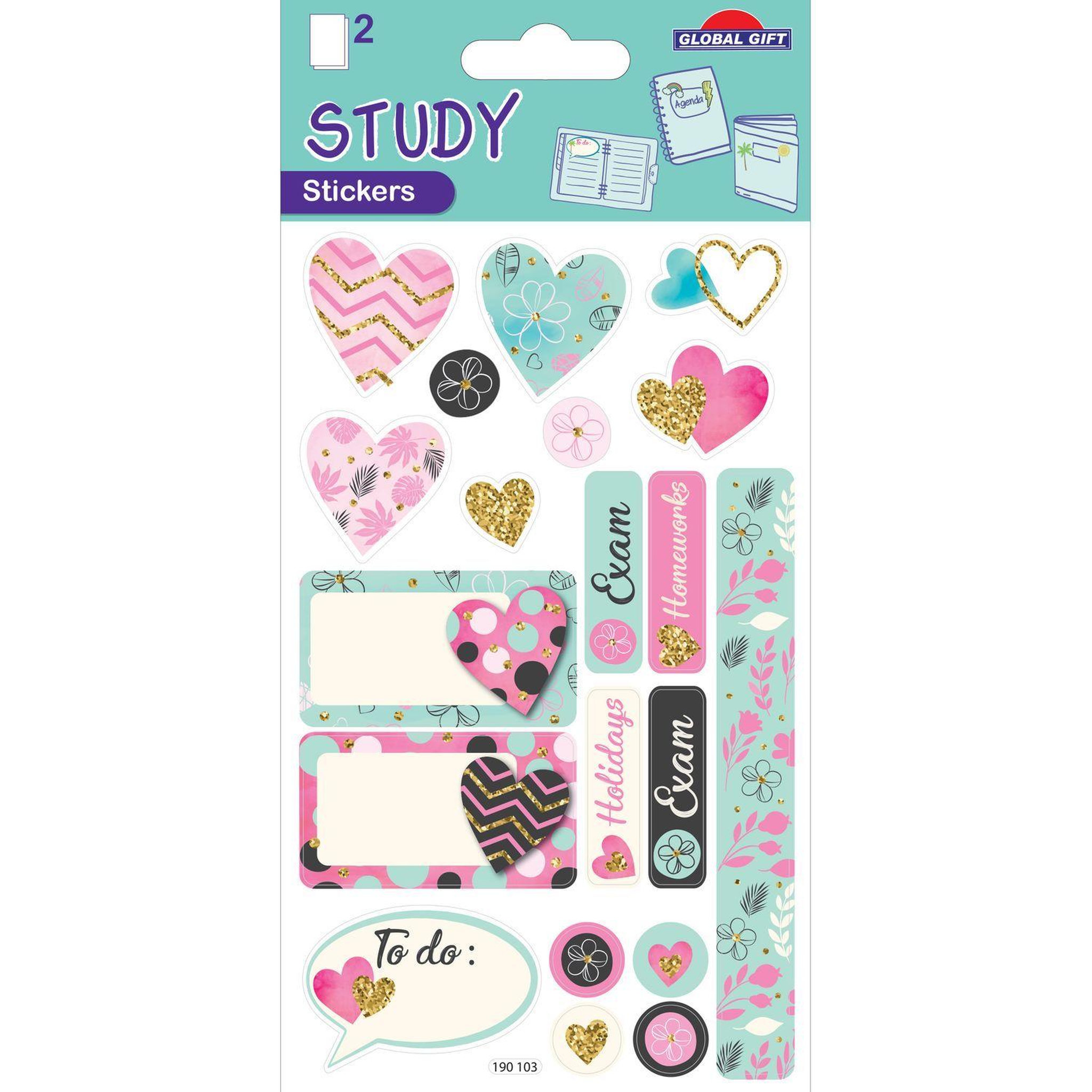 GLOBAL GIFT 20 Stickers et étiquettes - Bullet journal et Agenda - Coeurs - Dorures