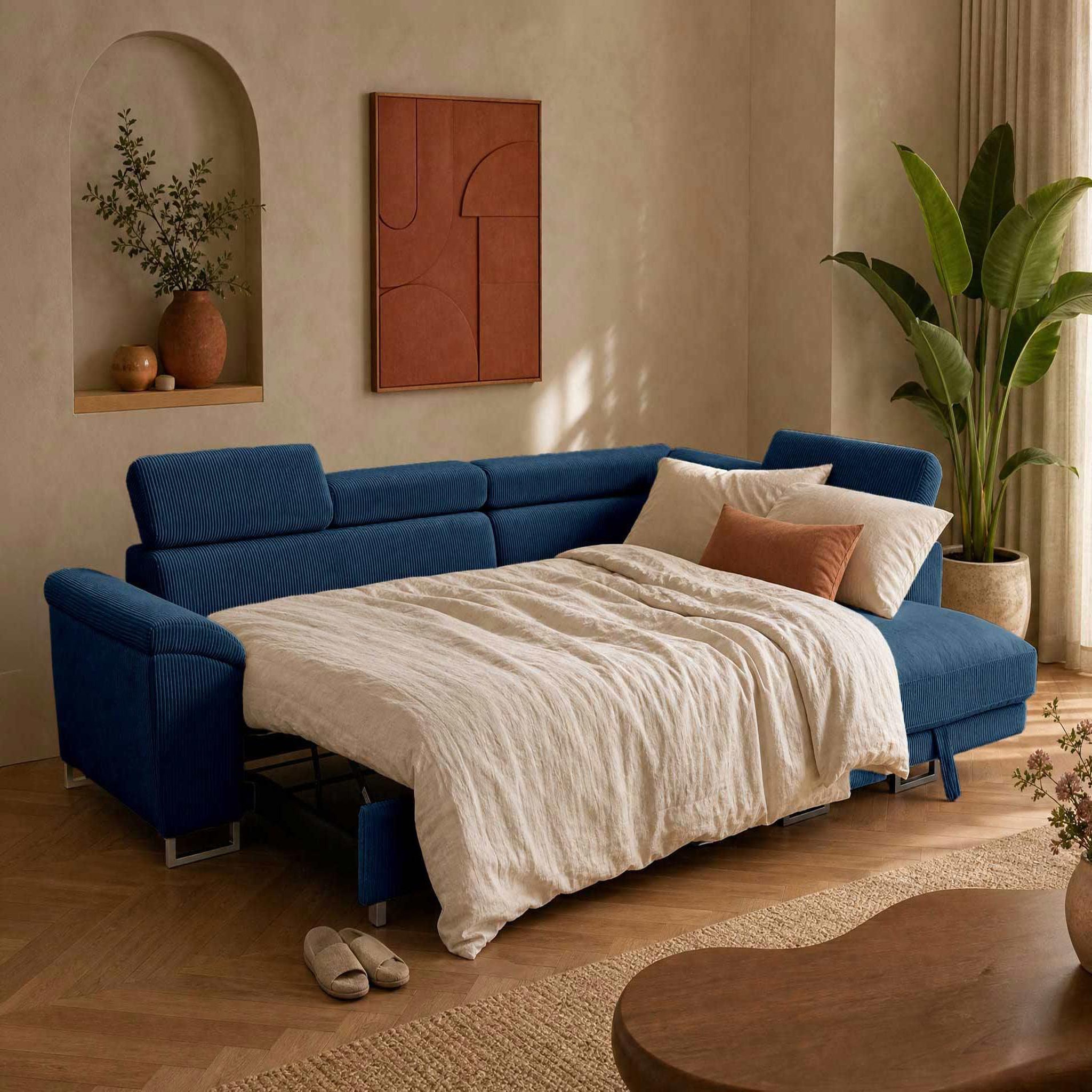 Voir la diapositive 2 : BEST MOBILIER Baoji - canapé d'angle droit 5 places convertible avec têtières et coffre en velours côtelé