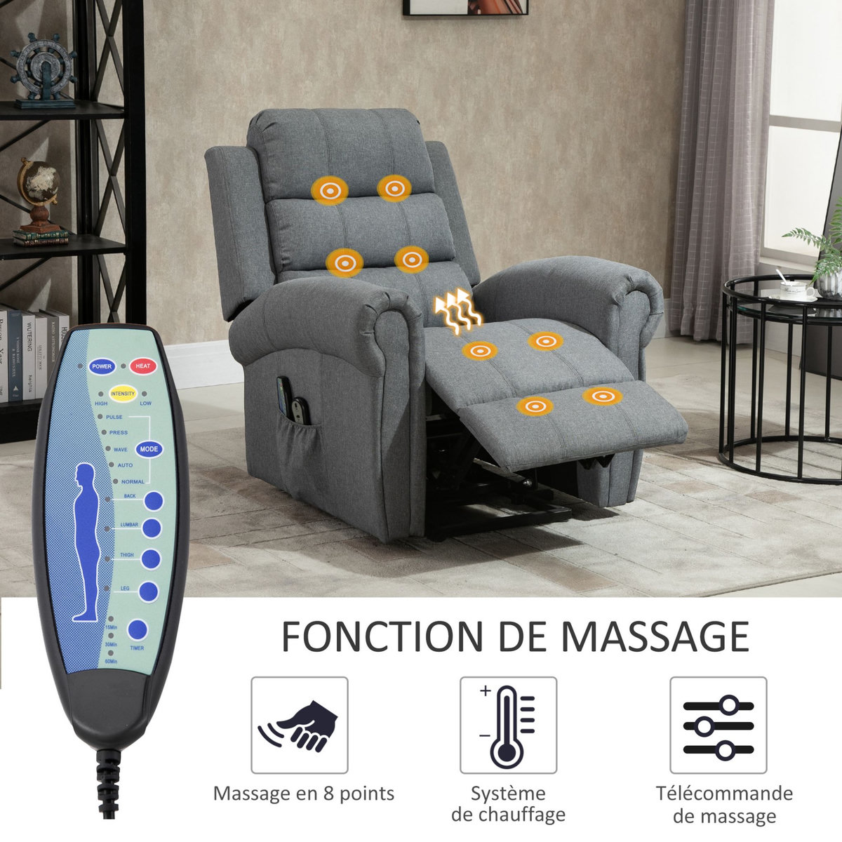 HOMCOM Fauteuil de massage fauteuil releveur électrique inclinaison réglable repose-pied ajustable lin gris chiné