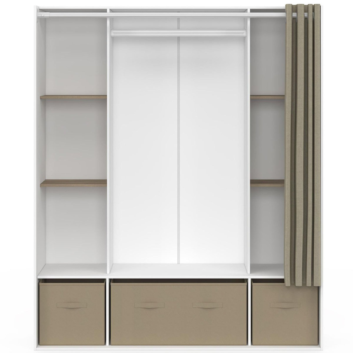 ID MARKET Dressing double penderie DIANE 140 x 45 x 167 cm blanc avec étagères + boites de rangement + rideau taupe