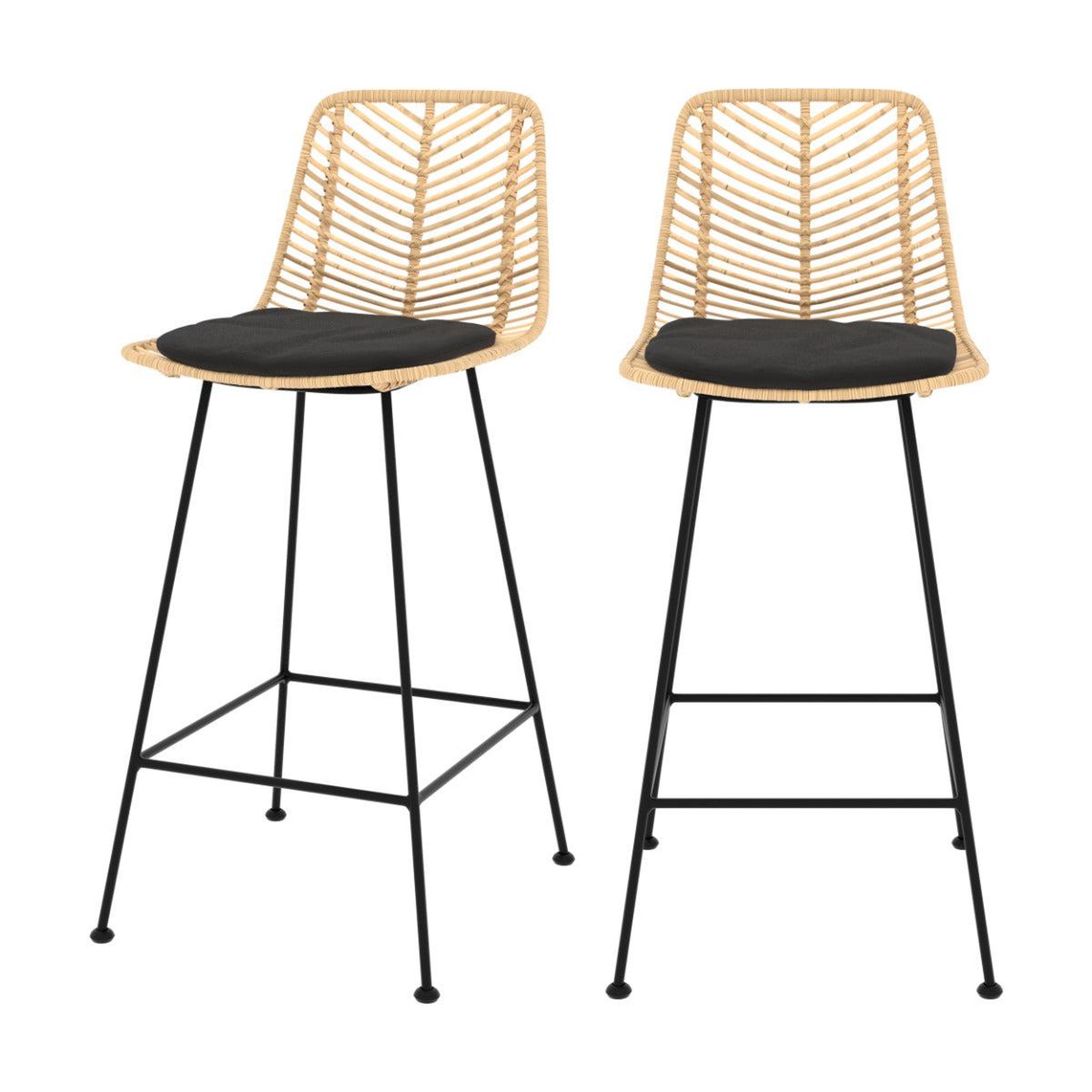 Voir la diapositive 1 : MAISON PAVANE Lot de 2 chaises pour îlot central 66 cm en rotin naturel et noir-tamara