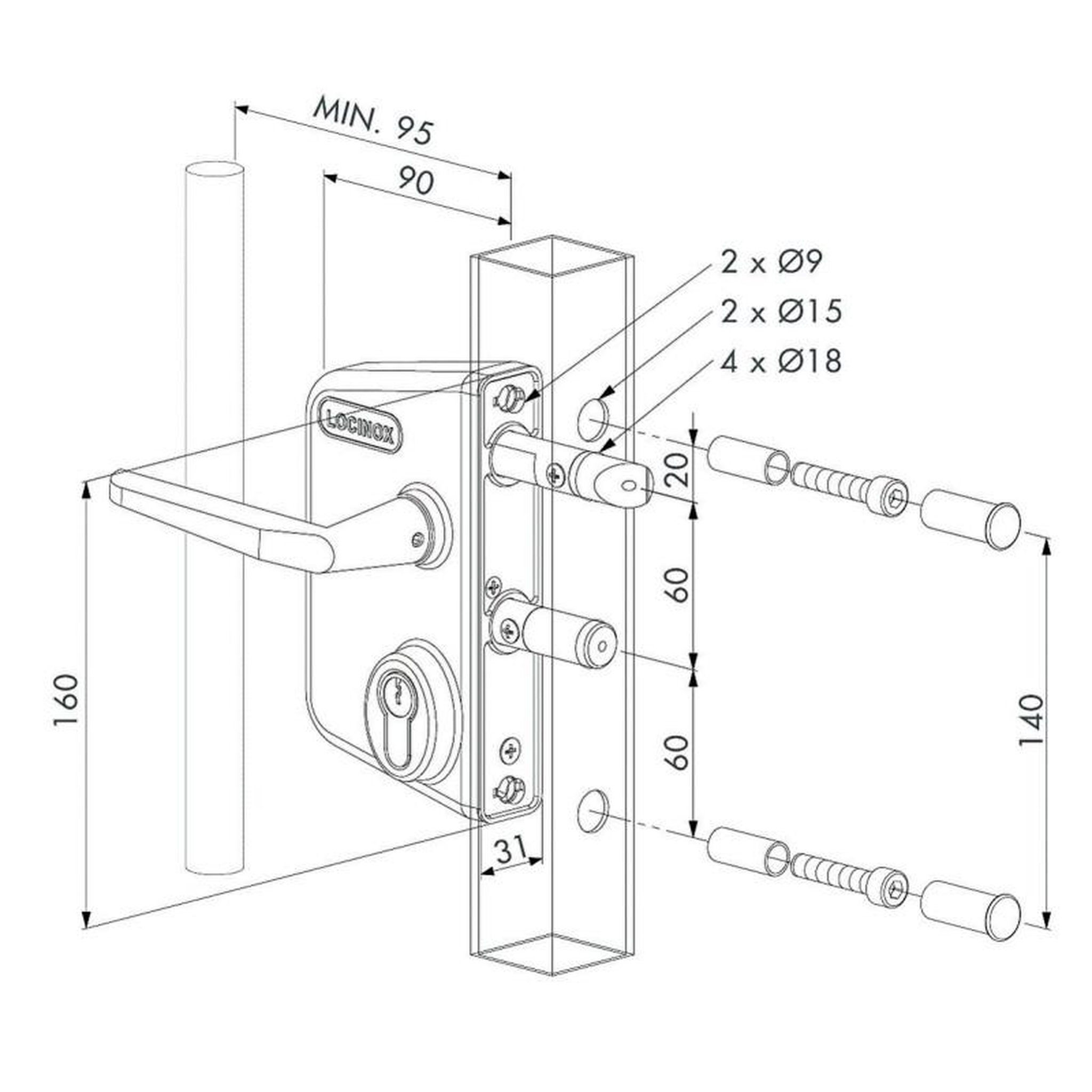 LOCINOX Serrure applique pour portail LAKQ40U2LV pour profil de 40 à 60mm LOCINOX LAKQ4040U2L6005VSZM