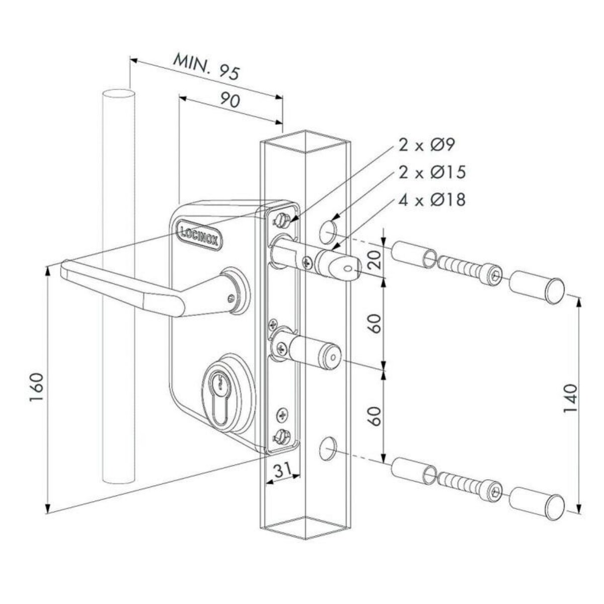 LOCINOX Serrure applique pour portail LAKQ40U2LV pour profil de 40 à 60mm LOCINOX LAKQ4040U2L6005VSZM