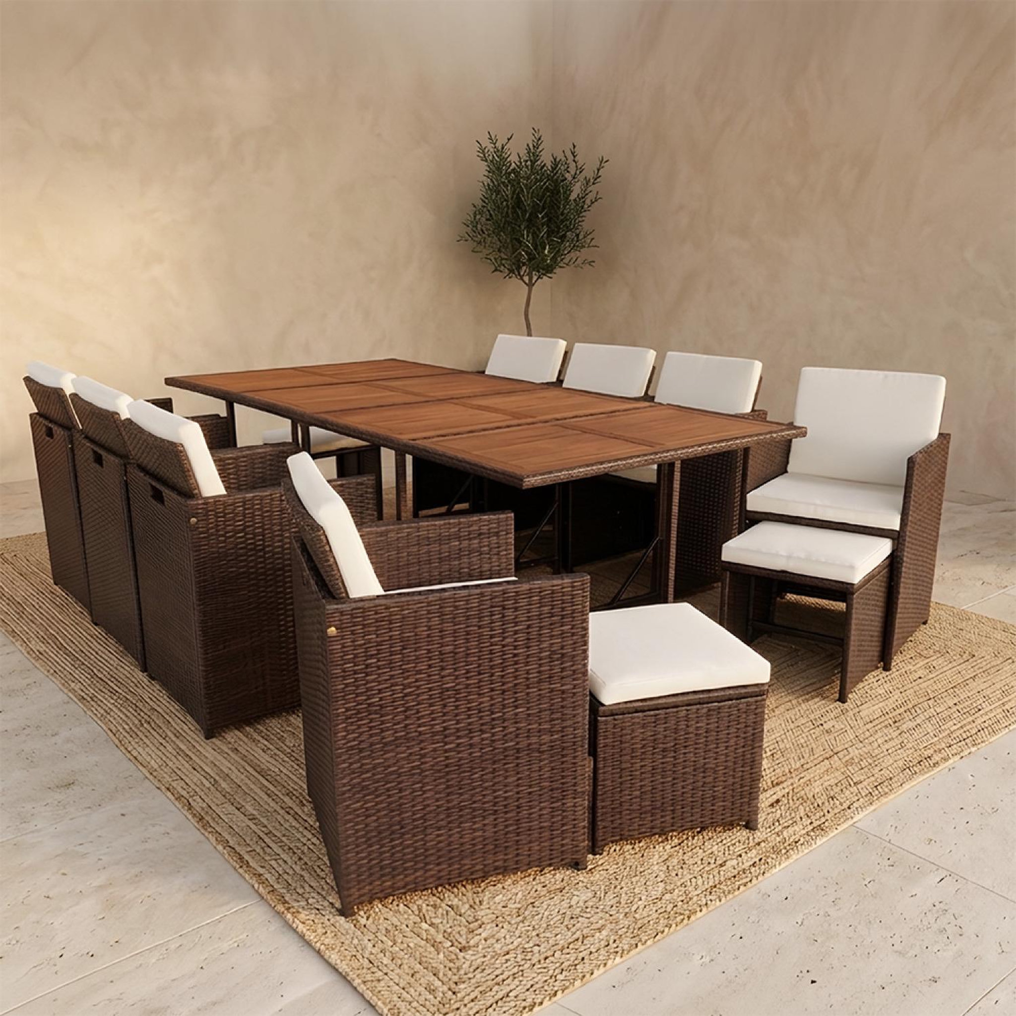 Voir la diapositive 5 : CONCEPT USINE Salon de jardin 12 pl en résine marron et coussins beige + housse TOLEDO