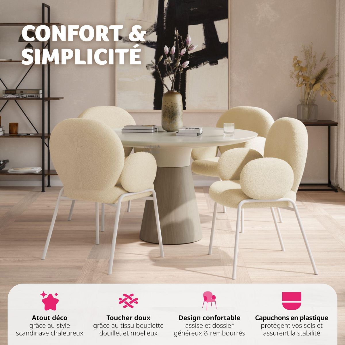 tectake Chaise rembourrée avec revêtement en tissu bouclette crème Lot de 4