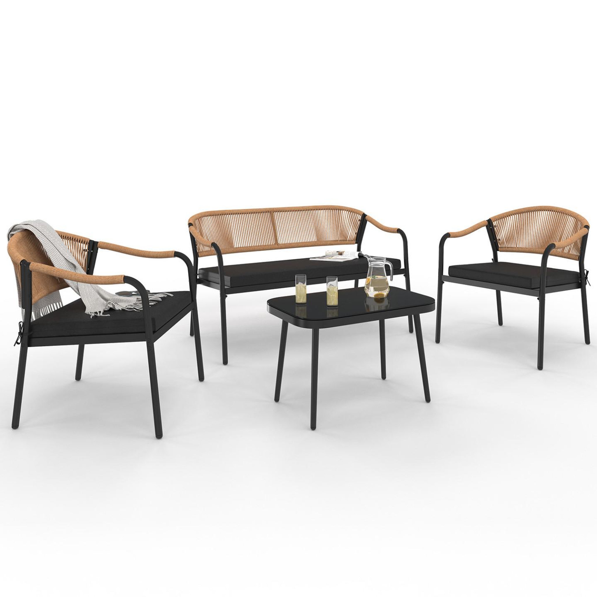 ID MARKET Salon de jardin bas madeira 4 places structure en métal noir, cordage et coussins noirs