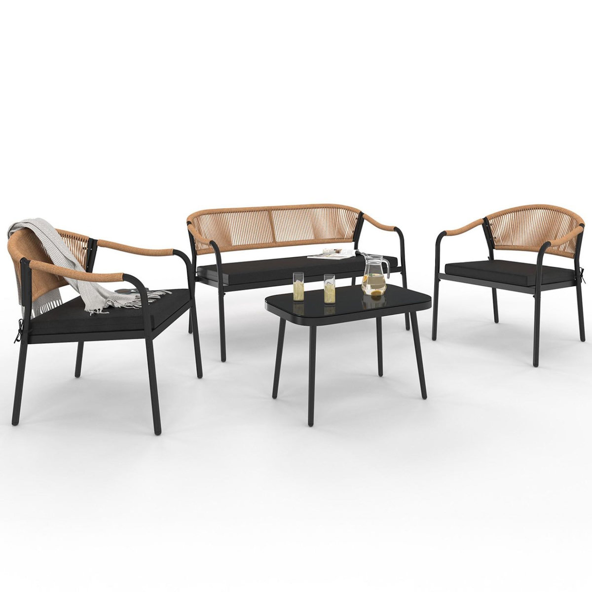 ID MARKET Salon de jardin bas MADEIRA 4 places structure en métal noir, cordage et coussins noirs