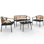 ID MARKET Salon de jardin bas MADEIRA 4 places structure en métal noir, cordage et coussins noirs