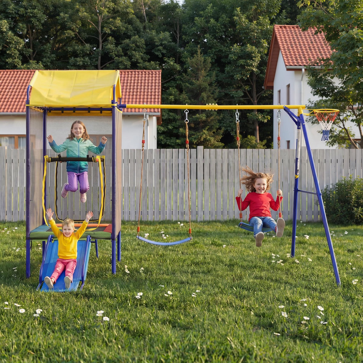 MERAX Aire de jeux extérieur 4 en 1 avec trampoline, balançoire, toboggan et panier basket