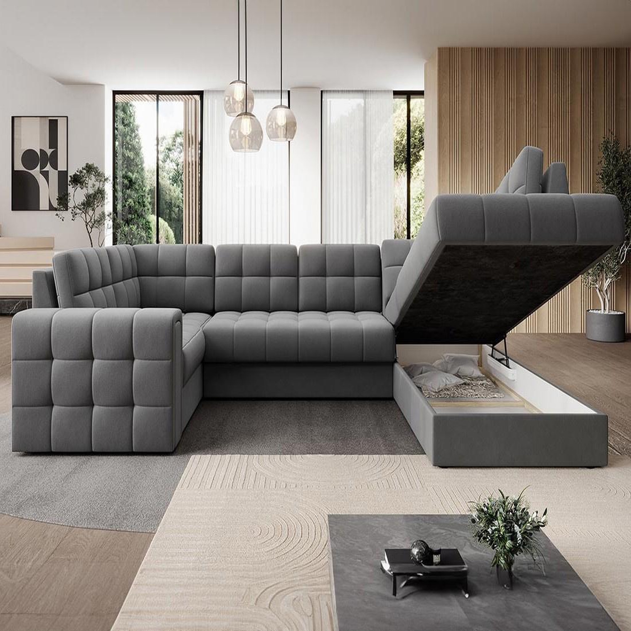 Voir la diapositive 3 : BEST MOBILIER Nappa - canapé panoramique d'angle gauche 7 places convertible avec coffre en velours