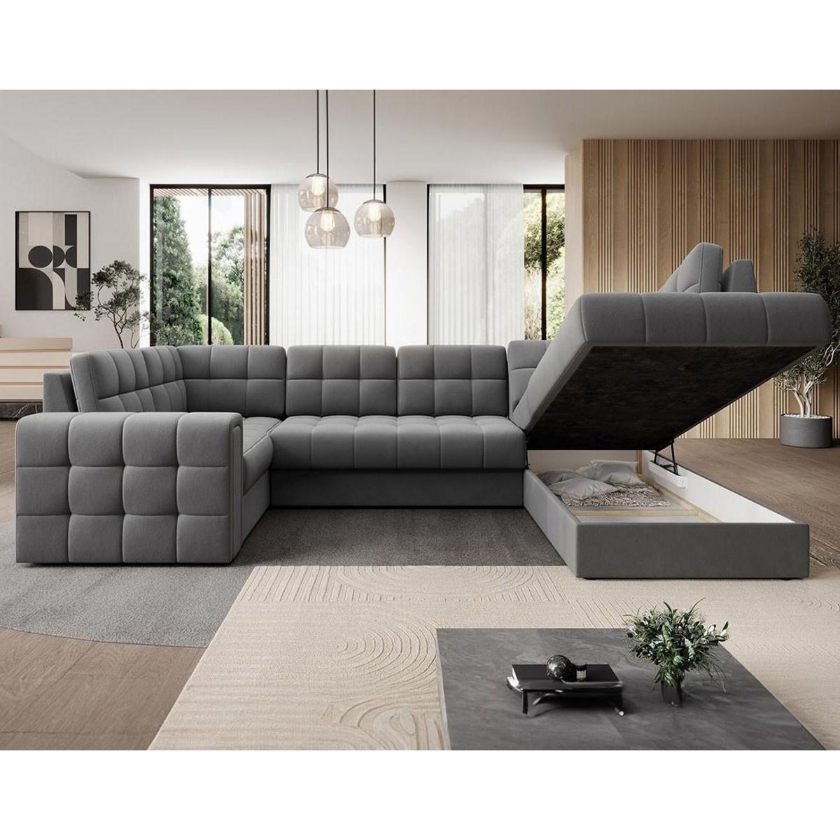 BEST MOBILIER Nappa - canapé panoramique d'angle gauche 7 places convertible avec coffre en velours