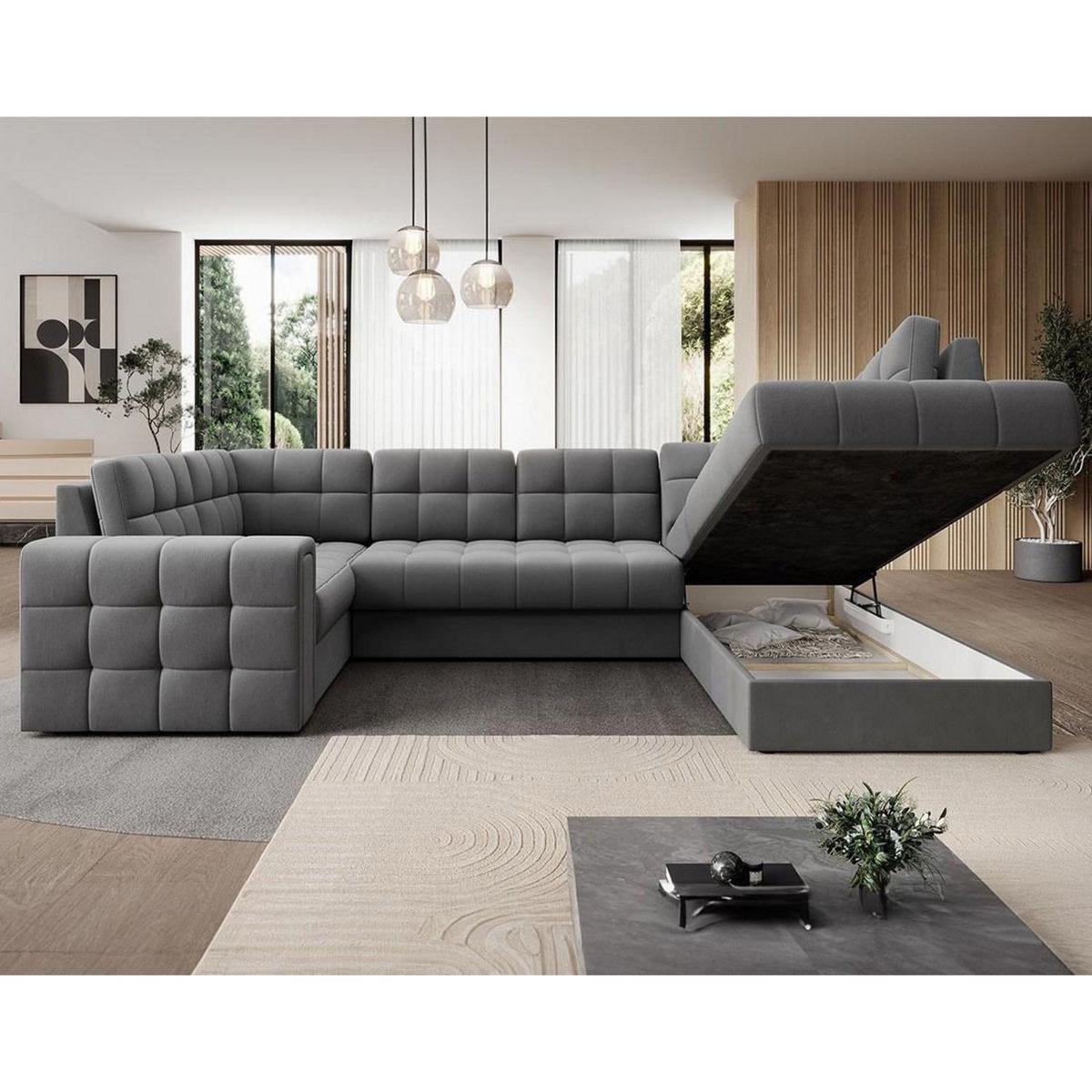 BEST MOBILIER Nappa - canapé panoramique d'angle gauche 7 places convertible avec coffre en velours