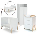 AT4 Lit bébé évolutif, commode à langer et armoire Blanc Hêtre Verni
