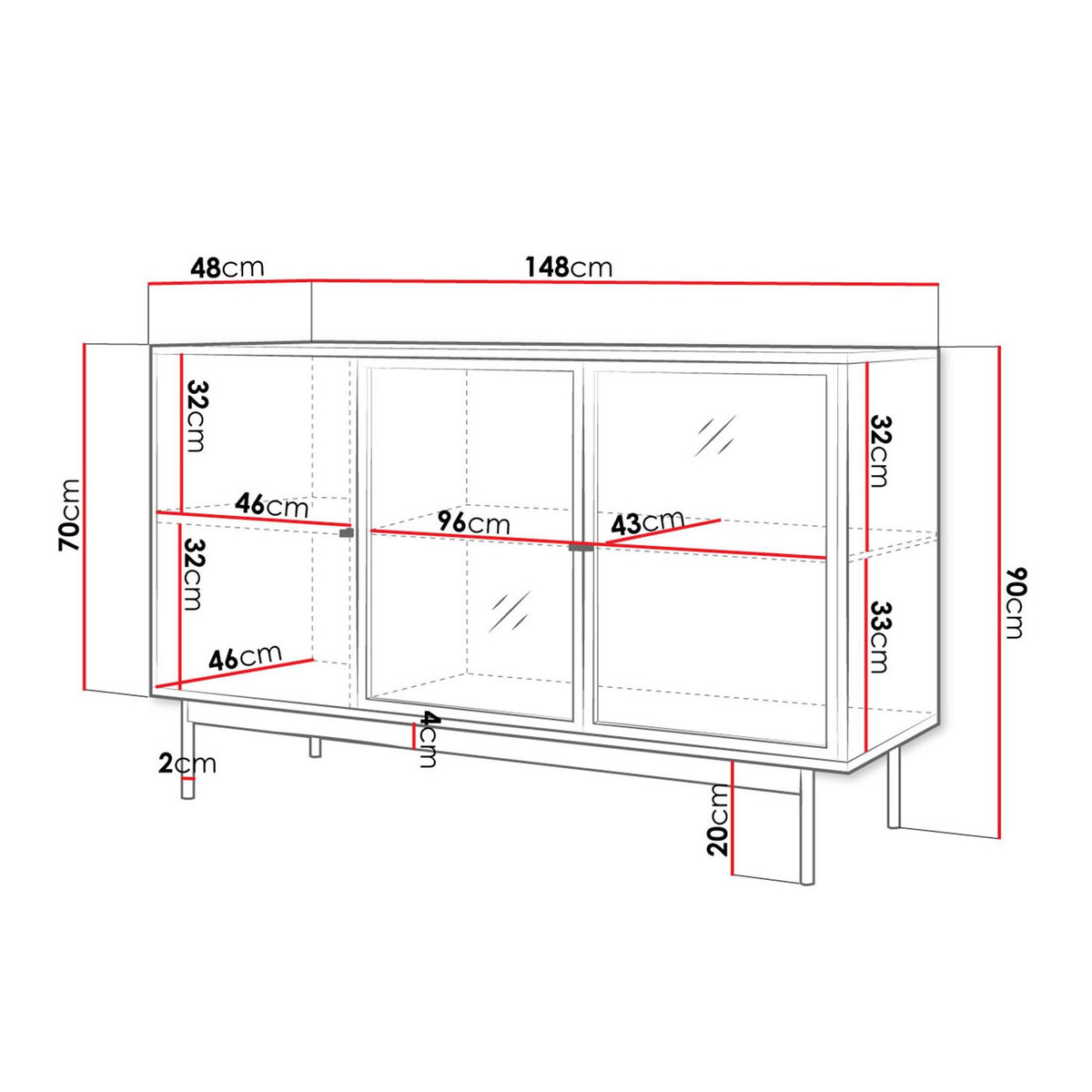 BEST MOBILIER Lamia - buffet bas - effet bois et noir - 3 portes - 148 cm