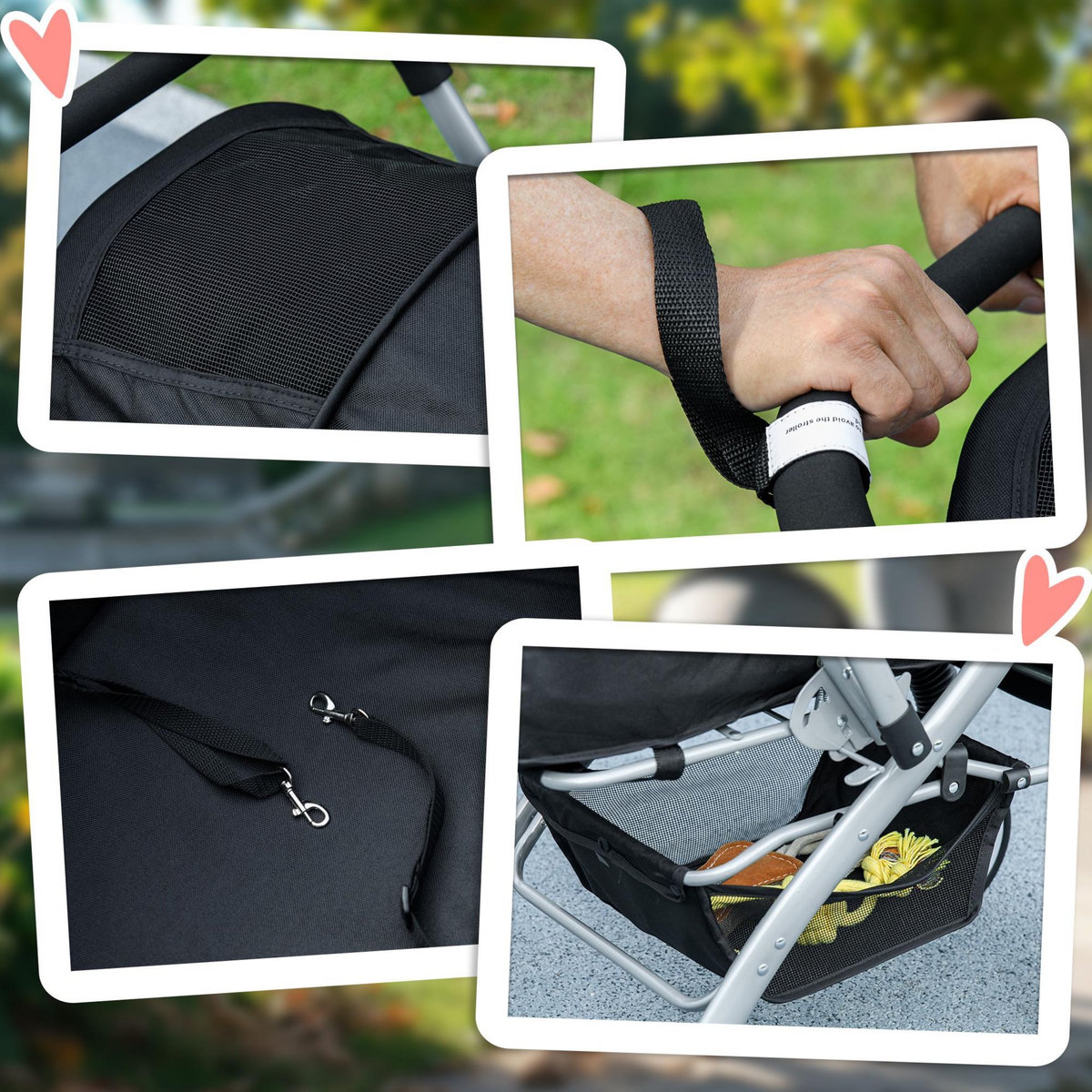 PAWHUT Poussette buggy pliable chien chat panier et sac de rangement attaches sécurité housse réglable poignée réversible acier Oxford noir