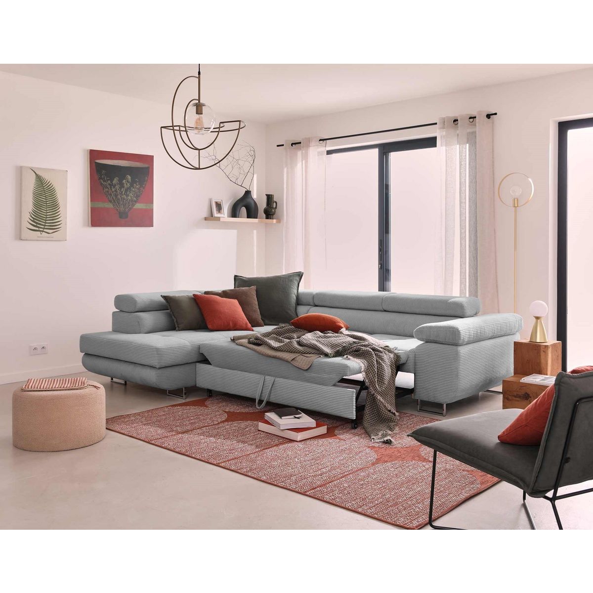 BEST MOBILIER Zaria - canapé d'angle gauche - convertible avec coffre et têtières réglables - 5 places - en velours côtelé