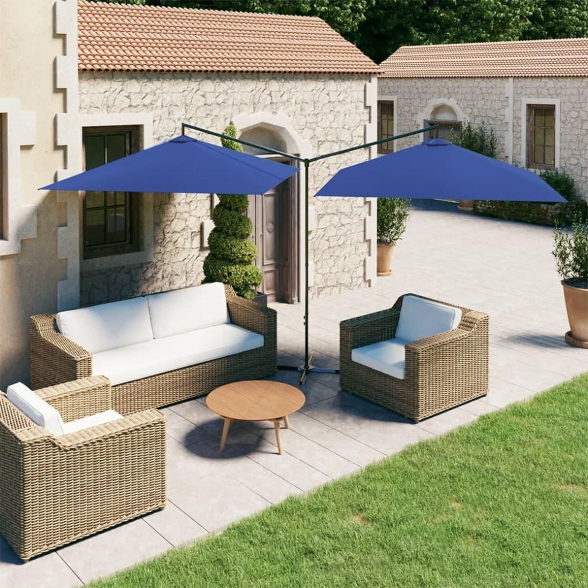 VIDAXL Parasol de jardin double avec mat en acier bleu azure 600x300cm