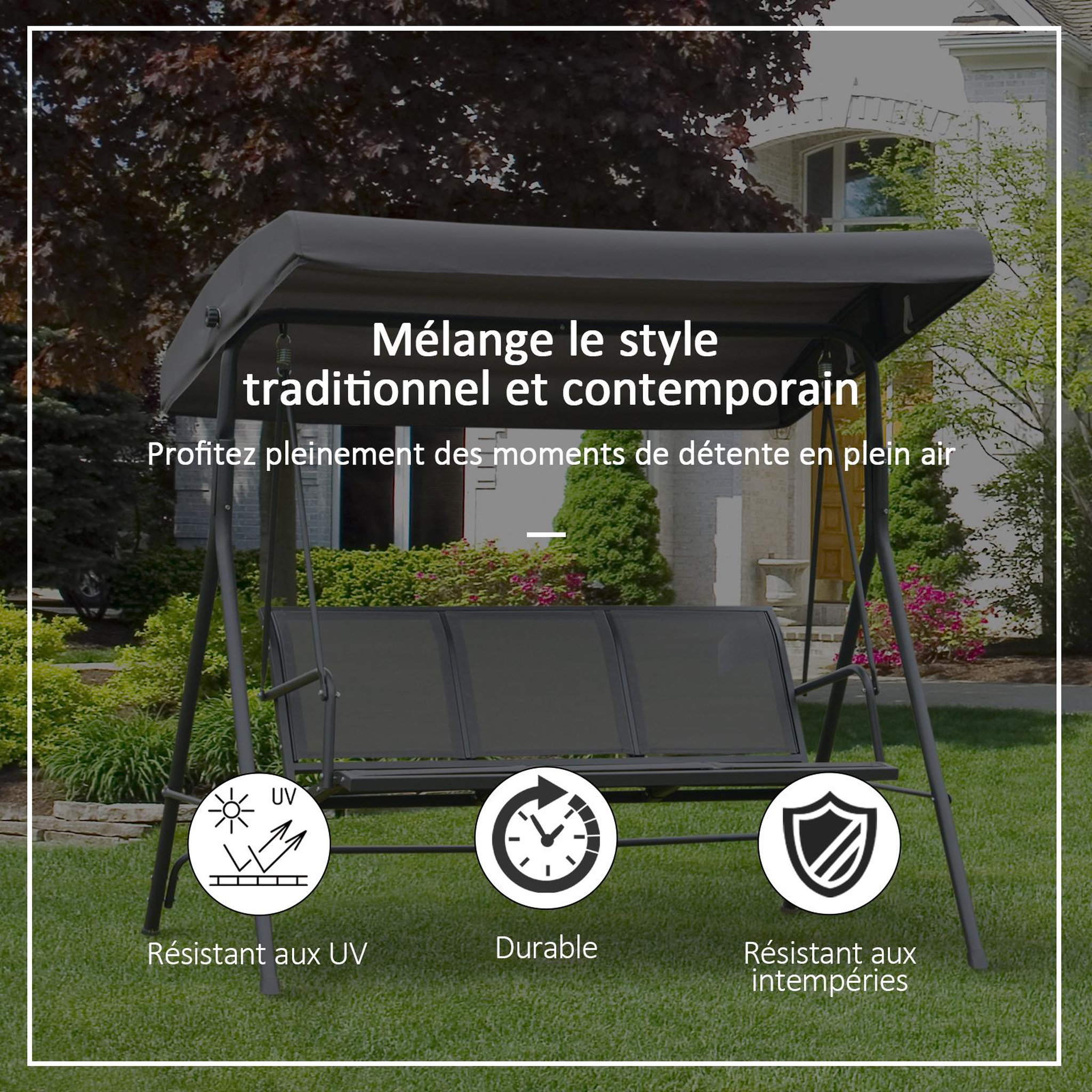 Voir la diapositive 2 : OUTSUNNY Balancelle de jardin 3 places grand confort toit inclinaison réglable assise et dossier ergonomique acier textilène gris