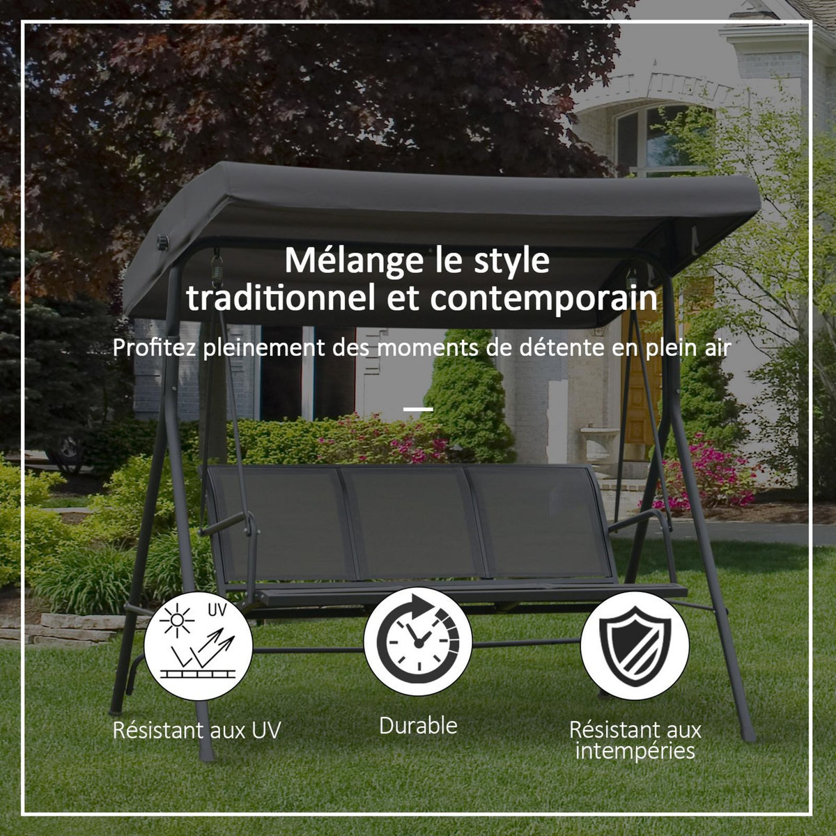 OUTSUNNY Balancelle de jardin 3 places grand confort toit inclinaison réglable assise et dossier ergonomique acier textilène gris
