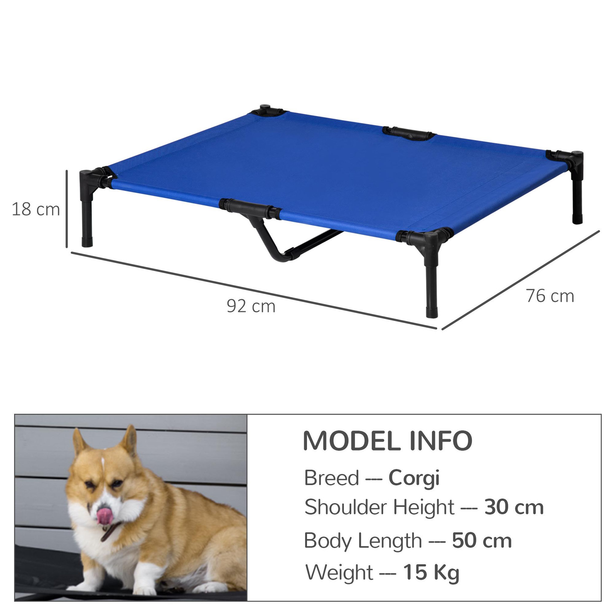 Voir la diapositive 3 : PAWHUT Lit surélevé pour chien dim. 92 x 76 x 18 cm sac de transport inclus métal oxford haute densité bleu