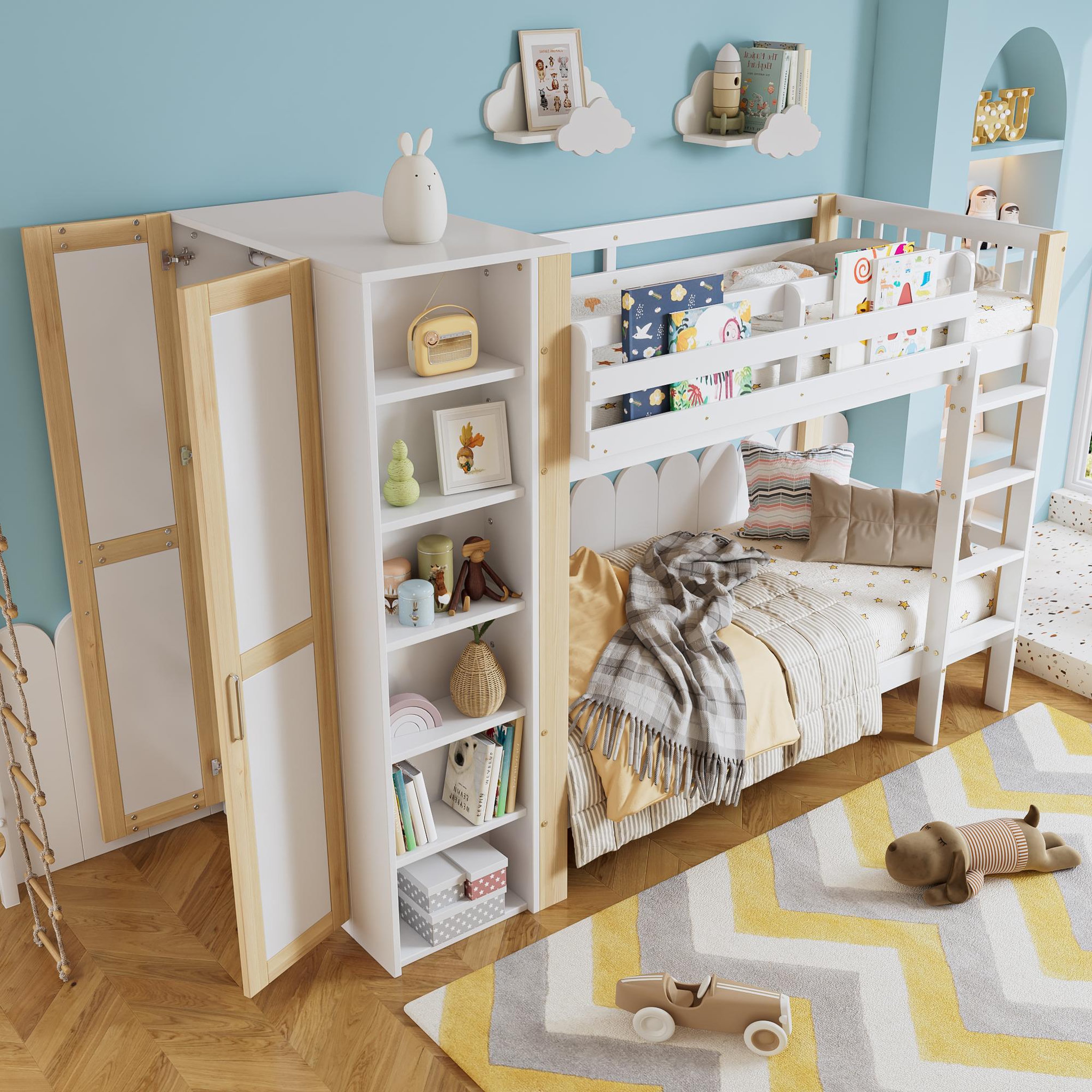 Voir la diapositive 5 : MERAX Lit superposé 90x200cm bois et mdf coloris blanc+naturel