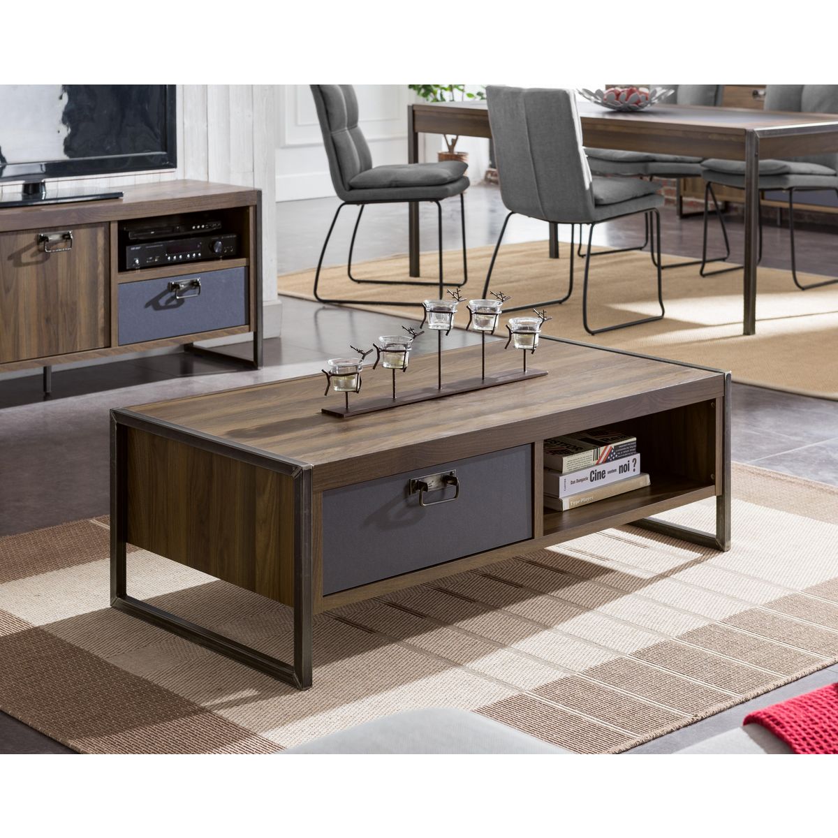 Table basse style industriel pieds métal L122cm FABRIC